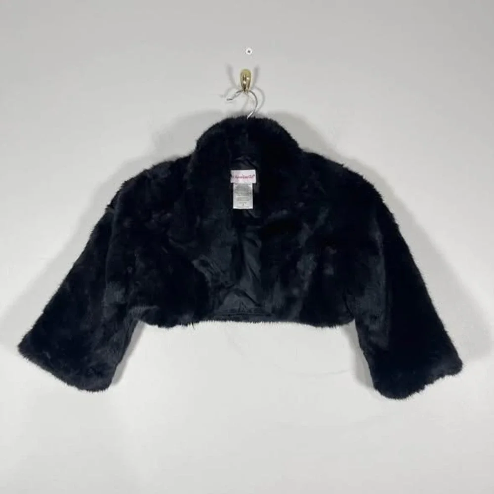 American Girl Faux Fur Shrug Girls 8 Bolero Jacket Black Dressy Winter Wedding
